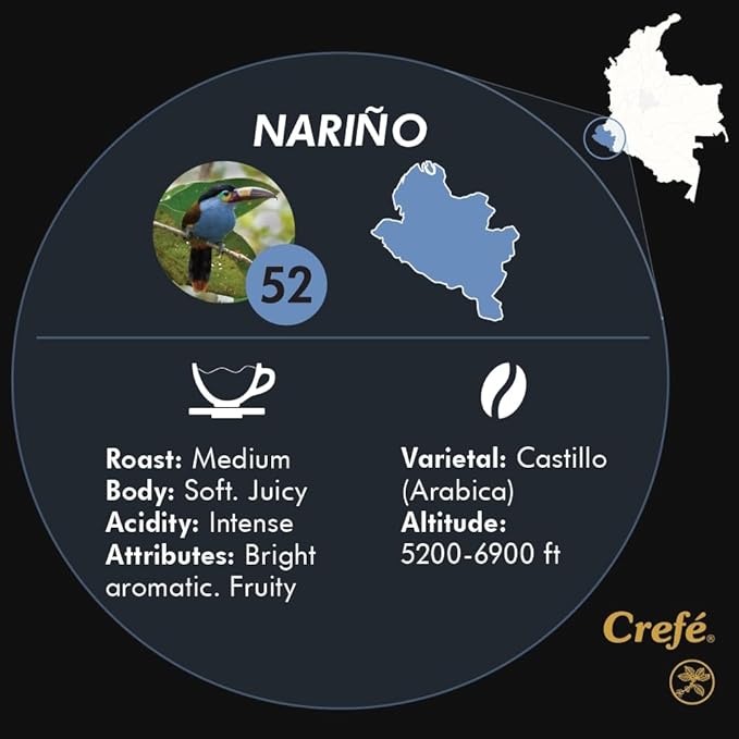 Crefé 100% Colombian Specialty Instant Coffee. 8 packets make 8 cups (8 FL OZ each). Region of Origin: Nariño. Long Medium Roast. Mild, Not Strong