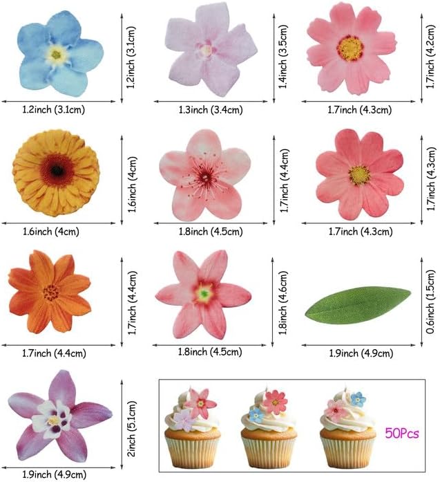50 PCS Edible Flowers Cupcake Toppers Sunflower Cherry Blossom Green Leaf Cake Toppers Flowers Birthday Decorations for Wedding Themed Party Baby Shower Birthday Cake Decoration Mixed Size & Colour