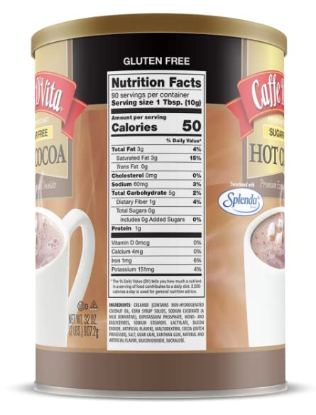 Caffe D'Vita Sugar Free Hot Cocoa Mix - Sugar Free Hot Chocolate Mix, Gluten Free, Low Fat, No Cholesterol, No Hydrogenated Oils, No Trans Fat, Kosher, Hot Cocoa Mix Bulk - 2 Lb Can