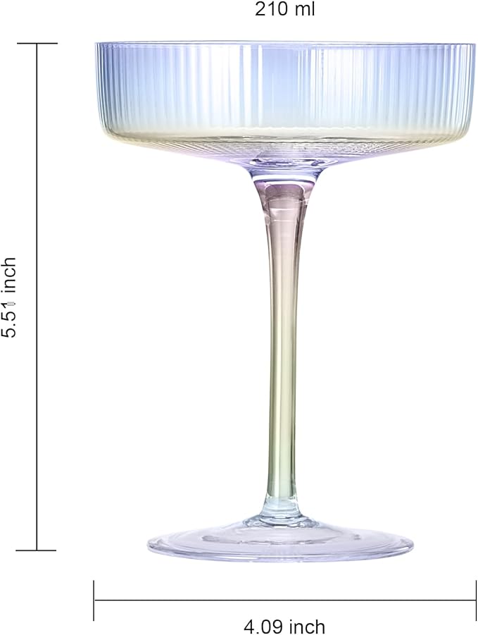 Iridescent Coupe Glasses, Martini, Champagne Cocktails, Vintage Art Deco | Set of 2 | 7.1 oz Stemmed Classic Manhattan Glasses For Speakeasy, Cocktail, Margarita, Ripple Coupes, Gatsby, Crystal Stems