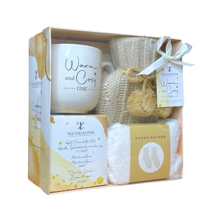 Women Gift Set -Hot Water Bottle, Hot Chocolate Mix, Mini Marshmallows, Mug, Socks, Crushed Candy |Mini Winter Hot Water Bottle With Cover|Cosy Gifts |Women Gifts |Hot Chocolate Gift Sets