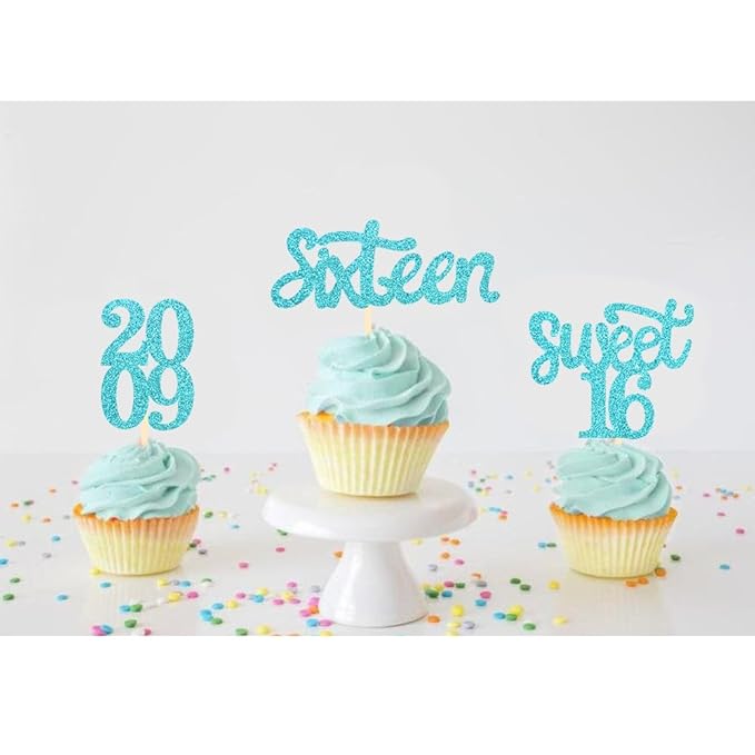 24 Pcs Sweet 16 Blue Glitter Birthday Cupcake Toppers for 16th Birthday Celebrating Party Decorations (Blue)