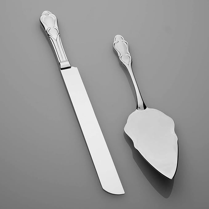 Ella Celebration Cake Knife & Server Set, Silver Wedding Cake Cutting Set, Anniversary Cake Cutter, Vintage Party Supplies (Silver Engravable)