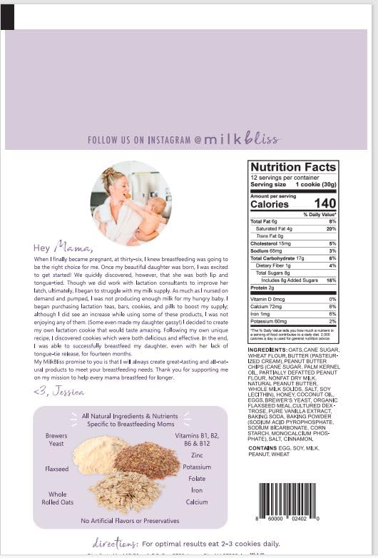MilkBliss Peanut Butter Chip Soft Baked Lactation Cookies for Breastfeeding, All Natural and GMO Free Lactation Boosting Ingredients! Oats, Flaxseed, Brewers Yeast. 12 Count.