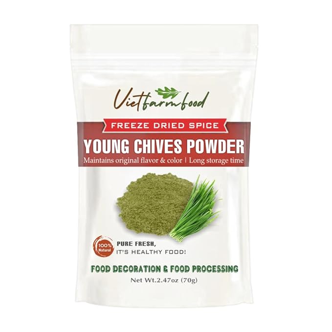 YOUNG CHIVES POWDER 2.47 Oz (70g) VIETFARMFOOD: Pure, natural freeze-dried spice made from real vegetables and fruits - perfect for enhancing every meal, from cooking, baking, salads, soups, sauces