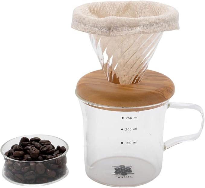 ATHIA Glass Pour Over Coffee Maker Set, Glass Cone Dripper, Reusable Cloth Filter, Minimal Single Cup on the Go,Walnut wood_dark color