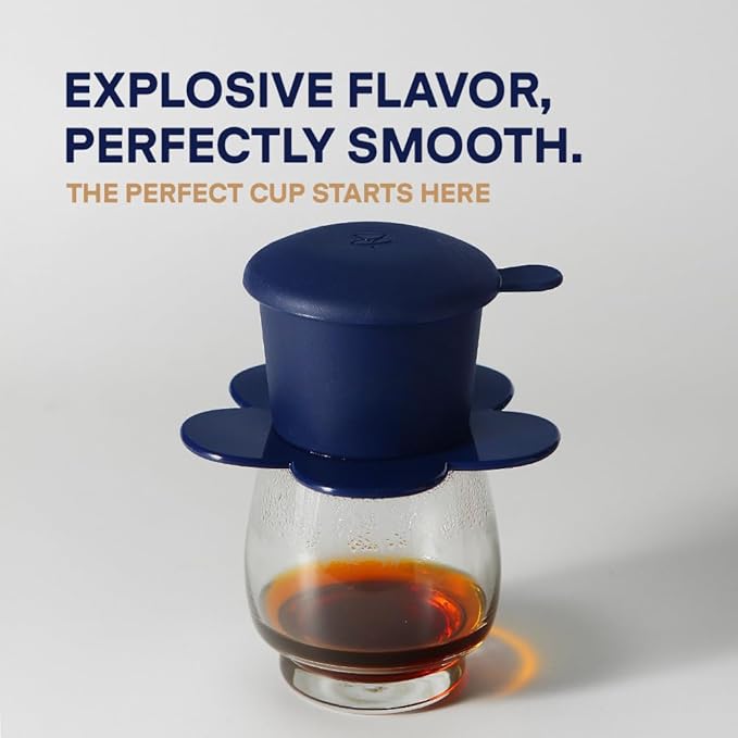 ??Vietnamese Coffee Dripper Phin Filter ??Pour Over Coffee Maker ??Single Cup Dripper with Flower Design ??Reusable Coffee Filter- Paperless Filter for Sustainable Brewing (Navy)