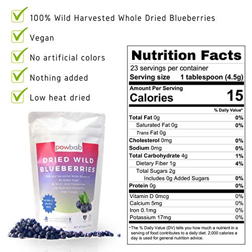 powbab Dried Wild Blueberries. 100% Whole Dried Blueberries No Sugar Added. No Sunflower Oil, No Apple Juice Concentrate. Canada Grown. No Sulfites. Unsweetened Blueberries, Keto. Gluten Free, Vegan.