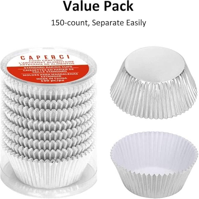 Caperci Silver Foil Cupcake Muffin Liners Standard Size Baking Cups 150-Pack - Premium Greaseproof & Sturdy