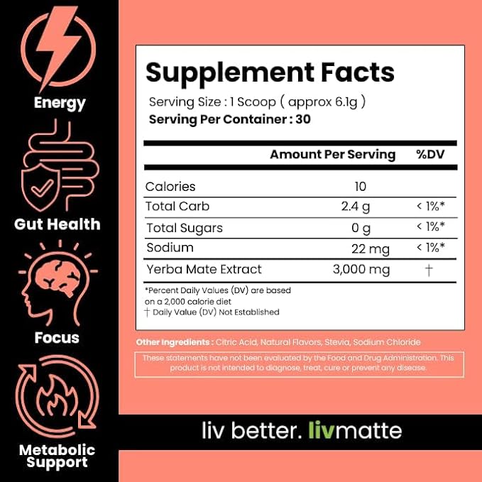 LivMatte Yerba Mate Instant Tea Drink Mix Powder Extract??Natural Yerba Mate Lemon Flavored Drink Mix Plant Extract Caffeine Alternative (Strawberry Lemon)