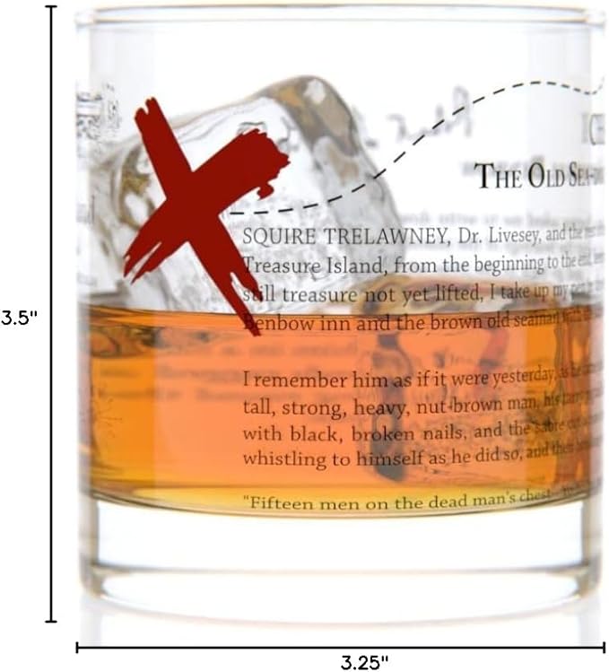 Well Told Classic Literature Rocks Glass - Treasure Island by Robert Louis Stevenson - Old Fashioned Whiskey Glass Gift for Book Lovers (11 oz)