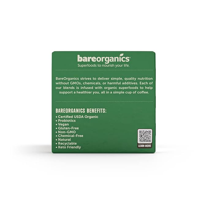 Bare Organics 14198 ENERGIZING USDA Organic Coffee Infused with Superfoods & Probiotics, Compatible Pods, Vegan, Gluten Free, 10ct (Pack of 6)