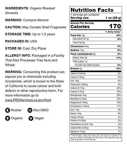 Food to Live Organic Dry Roasted Almonds, 12 Ounces – Non-GMO, Unsalted, Vegan, Keto, Paleo, Kosher, Bulk, High in Protein, Dietary Fiber, Vitamin E, Copper, Manganese, Magnesium, and Riboflavin.