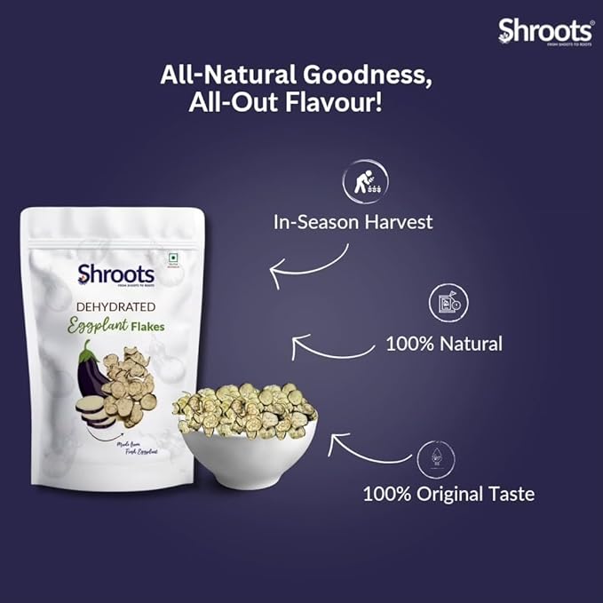 SHROOTS Dehydrated Eggplant Flakes Pure Vegetarian Gluten-Free No Added Salt Easy Cooking Machine Essential Dried Vegetable Boosted with Aroma Fiber Perfect for Fillings or Salads 0.71 oz, Pack of 1