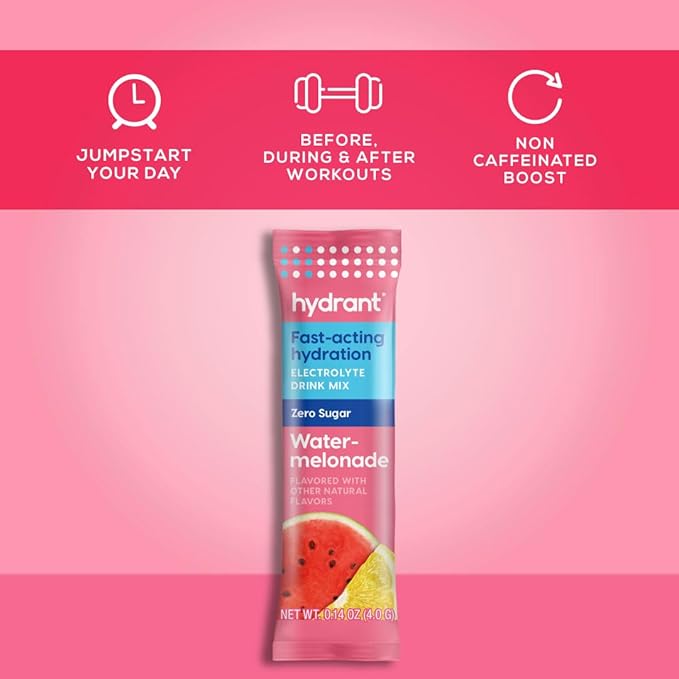 Hydrant Hydrate No Added Sugar, Individual Hydration Electrolyte Powder Stick Packets with Zero Sugar and Electrolytes for Rapid Hydration (Watermelonade, 30 Count)