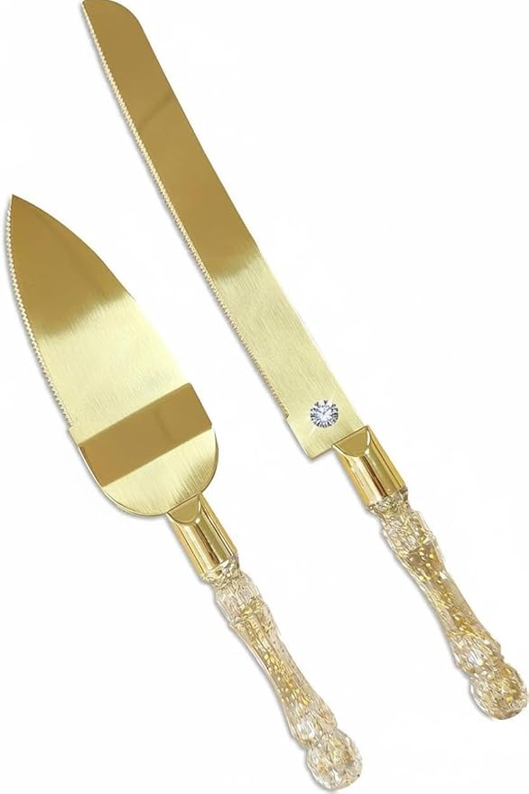 Wedding Cake Knife and Server Set, Cake Cutter and Pie Spatula, Cake Server and Knife Set of 2 with Plastic Handles, Titanium Gold Plated Blades, Cutting Set for Birthdays, and Parties (Glitter Gold)