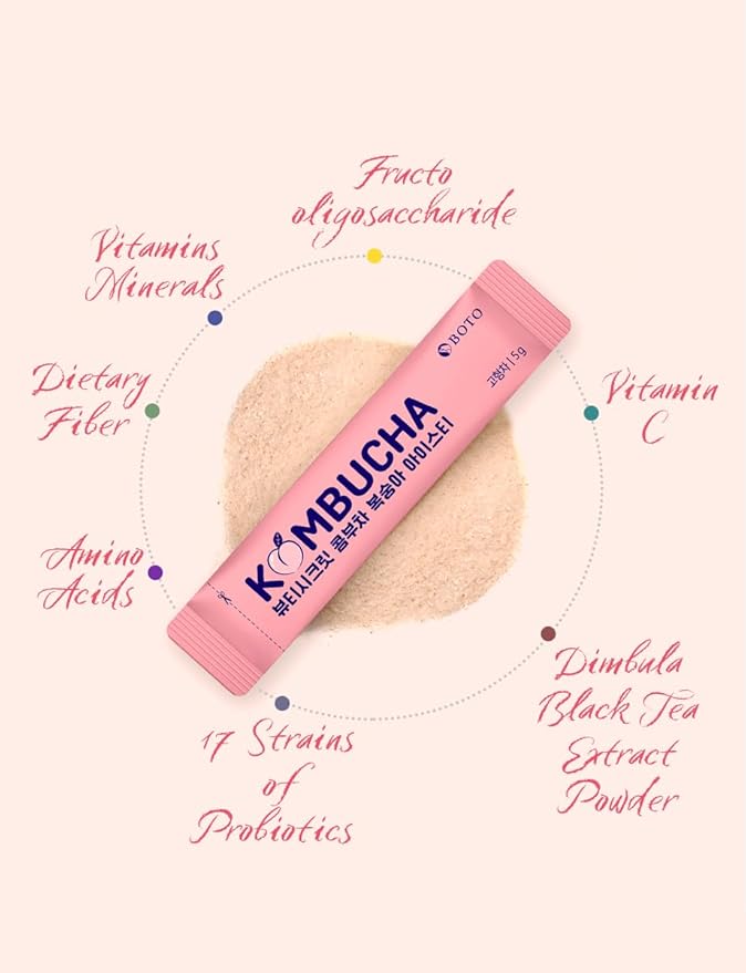 Korean Kombucha Peach Iced Tea Powder – 5g x 30 Sticks | Zero Sugar, Low Calorie, Sparkling Black Tea & Peach Flavor