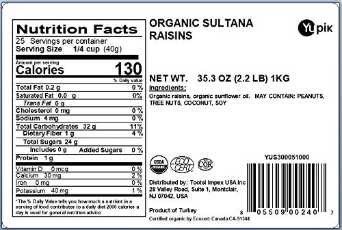 Yupik Organic Sultana Raisins, 2.2 lb (35.2 oz), Gluten-Free, Kosher, Non-GMO, Vegan, Whole Dried Fruits, Naturally Sweet, No Added Sugar, Seedless, Healthy Snacks, Ideal for Baking & Topping