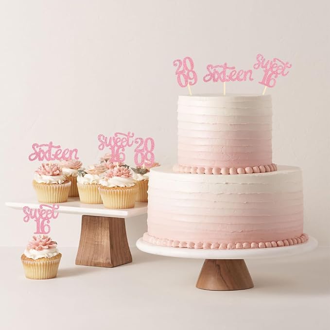 24 Pcs Sweet 16 Pink Glitter Birthday Cupcake Toppers for 16th Birthday Celebrating Party Decorations (Pink)