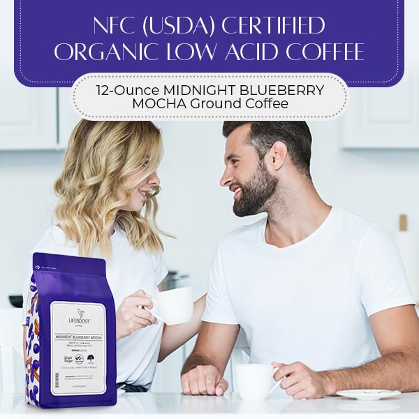 Lifeboost Midnight Blueberry Mocha Ground Coffee - Low Acid Single Origin Coffee - Non-GMO Wild Blueberry Coffee Grounds Third Party Tested For Mycotoxins & Pesticides - 12 Ounces