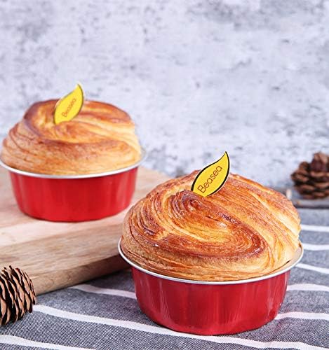 Beasea 8oz Disposable Ramekins, 100 Pack Aluminum Foil Cups with Lids, Baking Ramekin Cup Souffle Cup Muffin Cupcake Baking Cup Mini Pudding Cups for Party Wedding Birthday - Red