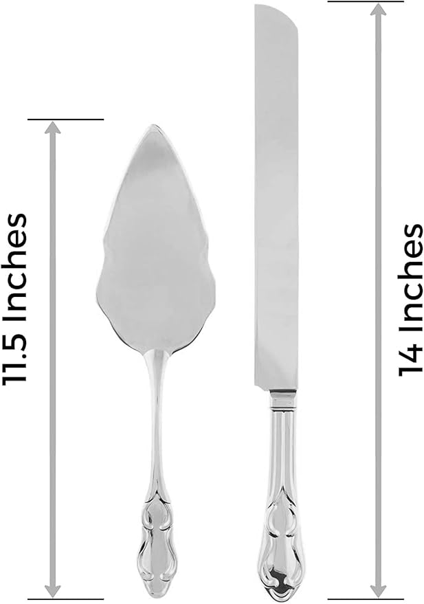 Ella Celebration Cake Knife & Server Set, Silver Wedding Cake Cutting Set, Anniversary Cake Cutter, Vintage Party Supplies (Silver Engravable)