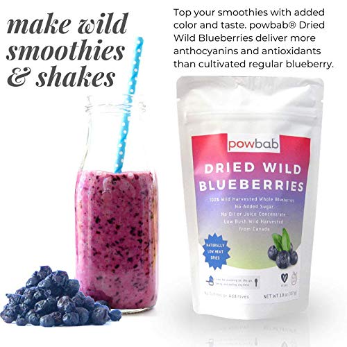 powbab Dried Wild Blueberries. 100% Whole Dried Blueberries No Sugar Added. No Sunflower Oil, No Apple Juice Concentrate. Canada Grown. No Sulfites. Unsweetened Blueberries, Keto. Gluten Free, Vegan.