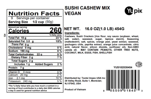 Yupik Sushi Cashew Mix, 1 lb (16 oz), Non-GMO, Vegan, Crunchy Savory Snack with Rice Crackers, Dried Seaweed, Sushi-Flavored Nuts & Shichimi Togarashi Spices, Asian-Inspired Party Snack