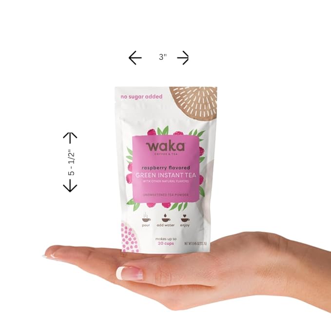 Waka Instant Green Tea Mix, Raspberry Flavored - 100% Tea Leaves, No Additives, Unsweetened Sample/Travel Size Tea Powder - Easy Quick Hot and Iced Teas, Up to 20 Cups or 5 Quarts (.45oz)