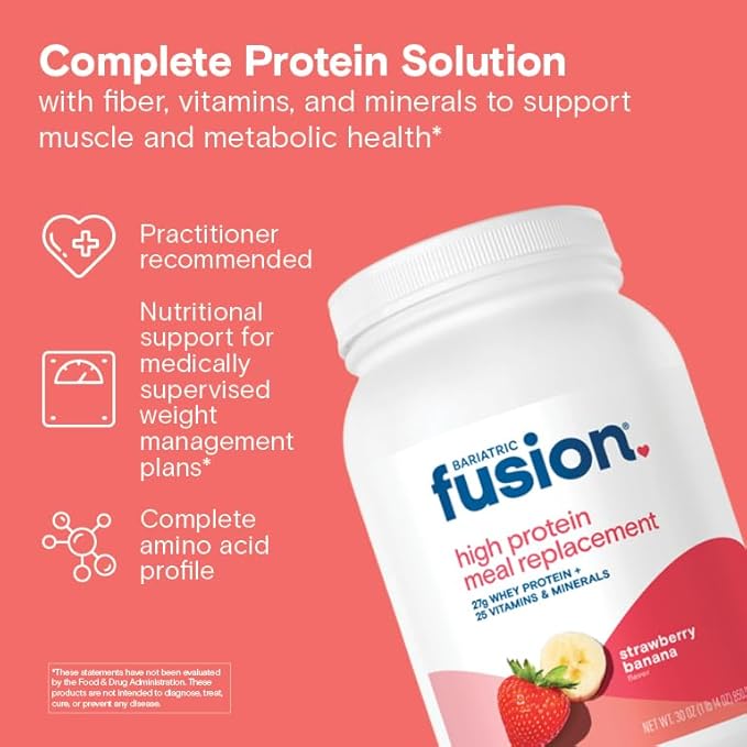 Bariatric Fusion Strawberry Banana Meal Replacement 27g Protein Powder, 21 Serving Tub for Bariatric Surgery Patients Including Gastric Bypass and Sleeve Gastrectomy - No Gluten, Aspartame or Sugar