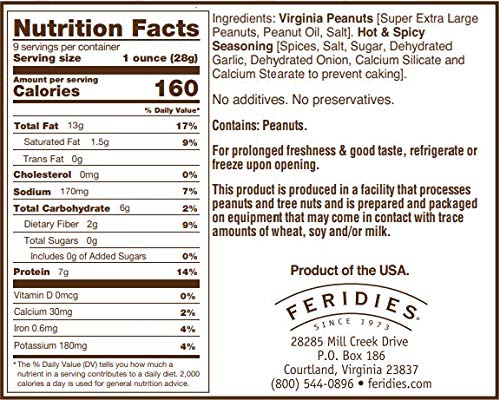 FERIDIES Hot and Spicy Extra Large Virginia Peanuts, 9 Oz Pack, All Natural, Gluten-Free, OU Kosher