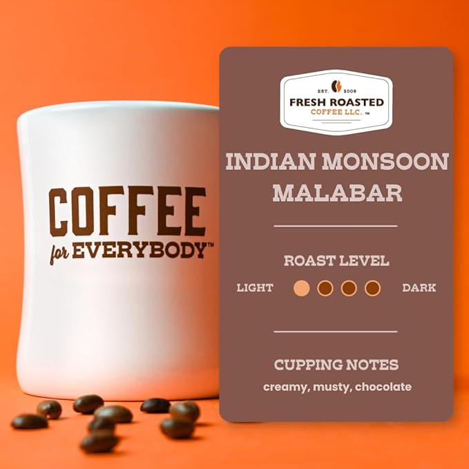 Fresh Roasted Coffee, Indian Monsoon Malabar, 5 lb (80 oz), Light Roast, Kosher, Whole Bean