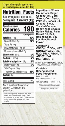 Nature Valley Biscuit Sandwiches, Coconut Butter, Snacks, 5 ct, 6.75 OZ