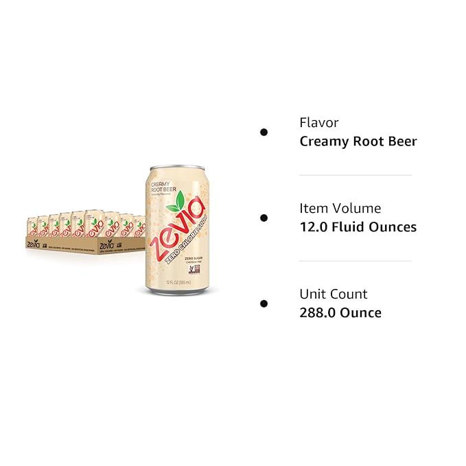 Zevia Zero Sugar Soda, Creamy Root Beer, 12 oz Cans (24-Pack) ??Naturally Sweetened, Non-GMO Project Verified, Gluten-Free, Vegan