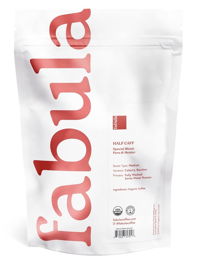 Fabula Coffee Half-Caff Medium Roast Freshly Ground - Organic - Low Acid - Single Origin - Non-GMO - Mold Free - 12 Ounces ??"<div>