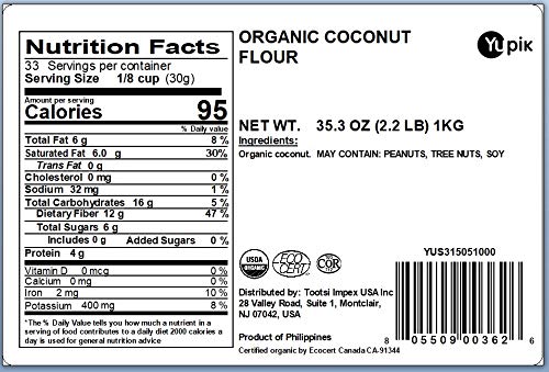 Yupik Organic Coconut Flour 2.2 lb (35.2 oz), USDA Certified, Gluten-Free, GMO-Free, Raw, Vegan, Low-Calorie, Finely Milled, Wheat Alternative & Grain Meal, Ideal for Baking & Cooking
