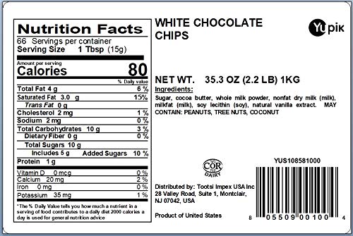 Yupik Barry Callebaut White Chocolate Chips, 2.2 lb (35.2 oz), Gluten-Free, Kosher, Small Size, Made with Cocoa Butter, Sweet Flavor, Melts Smoothly, Ideal for Baking, Snacking & Topping