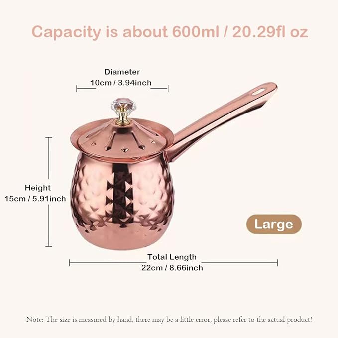 20 Oz / 600 Ml Stainless Steel Turkish Greek Arabic Coffee Pot, Stainless Steel Stovetop Coffee Maker with Lid and Handle, Espresso Maker, Milk & Butter Warmer, Rose Gold