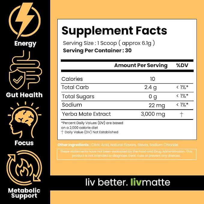 LivMatte Yerba Mate Instant Tea Drink Mix Powder Extract??Natural Yerba Mate Lemon Flavored Drink Mix Plant Extract Caffeine Alternative (Peach Mango)