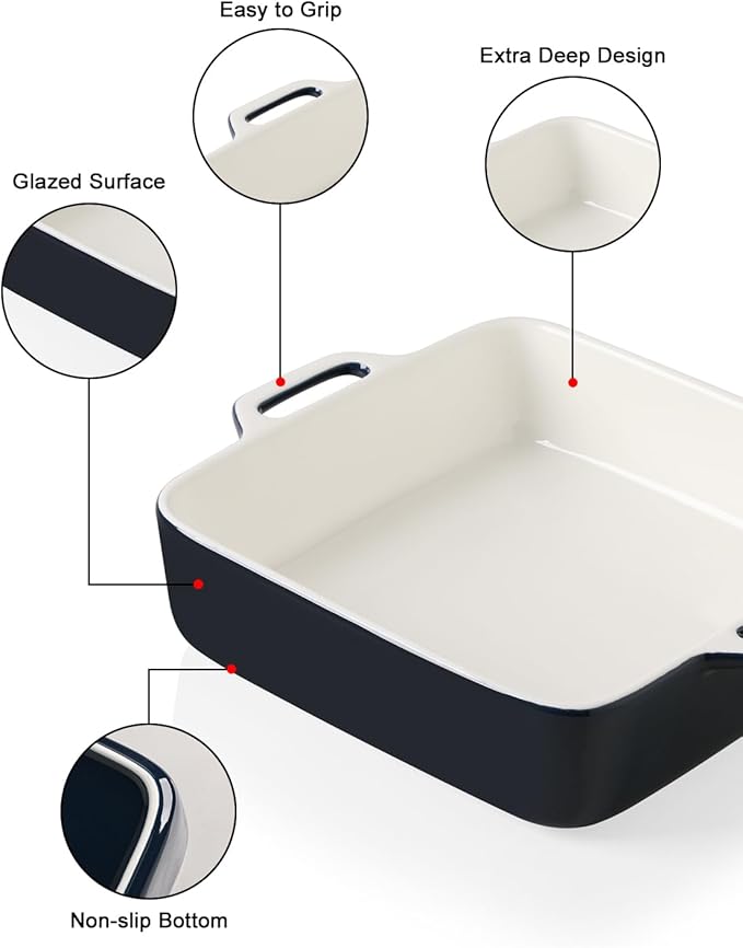 Sweejar 8x8 Baking Pan,Ceramic Casserole Dishes for Oven with Double Handlesï¼? QT Square Cake Baking Dish for Brownie,Lasagna,Casseroles,Family Dinner (Navy)