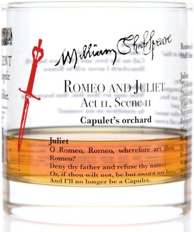 Well Told Classic Literature Rocks Glass - Romeo and Juliet by William Shakespeare - Old Fashioned Whiskey Glass Gift for Book Lovers (11 oz)
