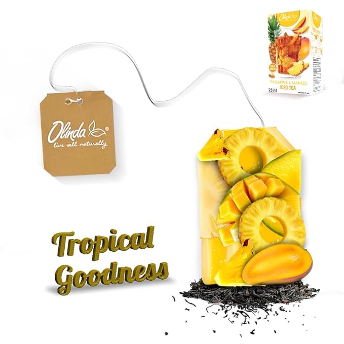Olinda Pineapple and Mango Iced Tea Bags Herbal Cold Brew Organic Black Tea Refreshing Summer Drink Antioxidant Hot and Cold Brew Natural Sweetened Fruity Flavored Tea Healthy Sucralose Caffeinated Tea