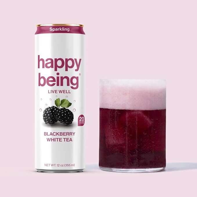 Happy Being Sparkling Nutrient-Rich Blackberry Citrus White Tea – Infused with Turmeric, Elderberry, Vitamin D3, Caffeine Free, Plant-Based, Low Calorie & Low Sugar Drinks, 12oz (16 Pack)