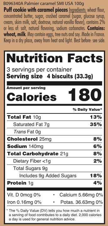 St Michel Caramel Palmiers Biscuits Made In France, pack of 4 (100g each) Non-GMO. Total of 48 Crunchy Caramel glazed Puff Pastry Butter Biscuits