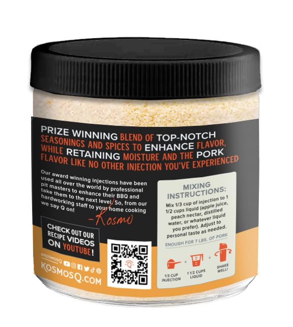 Kosmos Q Original BBQ Pork Injection, Meat Marinade for Pulled Pork, Chops, Ribs, Tenderloin & Brisket, Enhance Flavor & Juiciness, Award-Winning BBQ Seasoning for Moist & Tender Barbecue, 16 Oz Jar