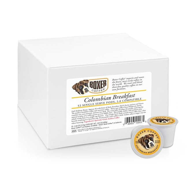 Boxer Coffee 52 Count Colombian Breakfast Single-Serve Cups Pods Specialty Grade gourmet artisan coffee, Keurig K-Cup 2.0 Compatible