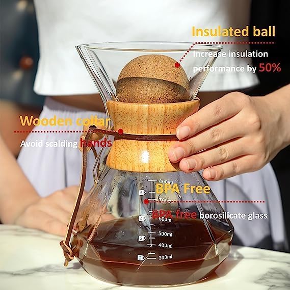 Pour Over Coffee Maker With Wood Sleeve竊?0oz/600mlPour Over Coffee Dripper,Pour Over Coffee Maker Set With Cork Stopper (20oz/600ml)