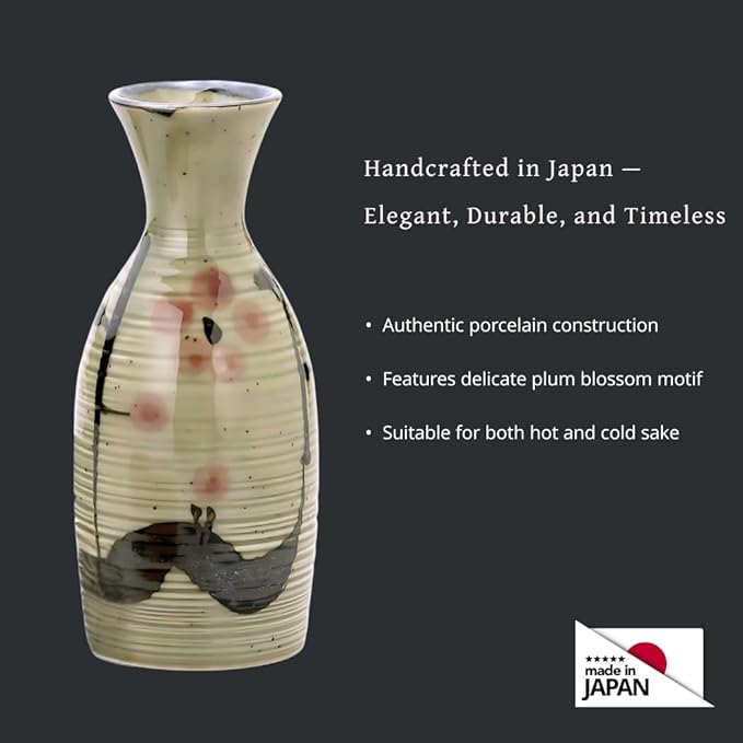 JapanBargain 4977, Japanese Plum Porcelain Sake Set Sake Carafe Bottle Sake Cups for Serving Hot Sake and Cold Sake, Made in Japan, Green, 8.5 oz