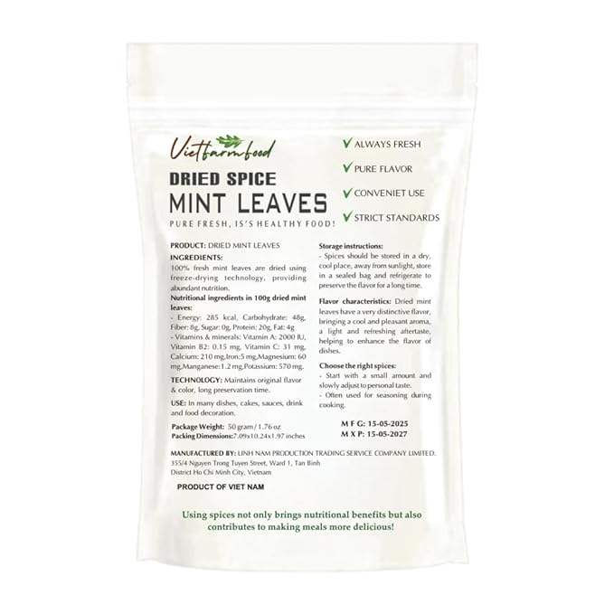 DRIED MINT LEAVES 1.76 Oz (50g) VIETFARMFOOD: Pure, natural freeze-dried spice made from real vegetables and fruits - perfect for enhancing every meal, from cooking, baking, salads, soups, sauces