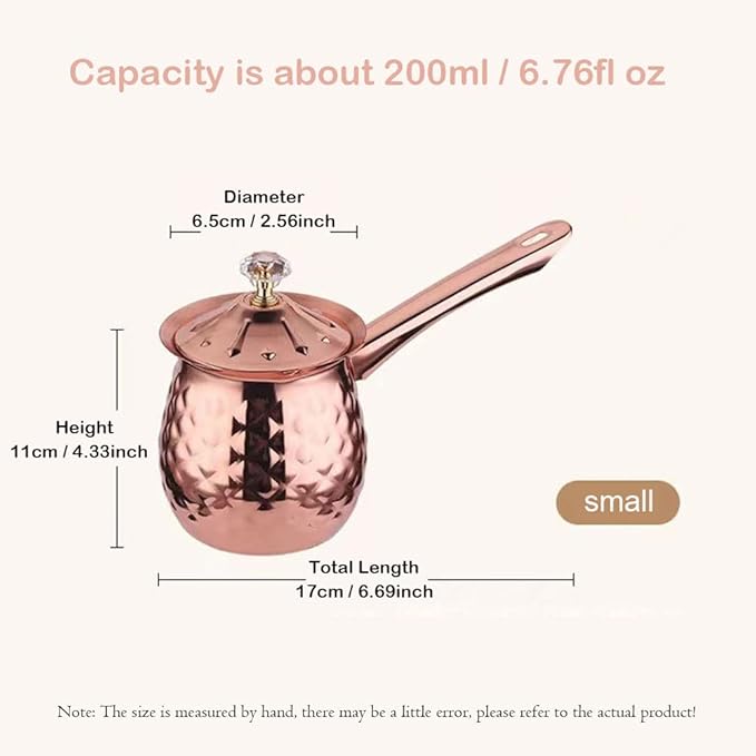Stainless Steel Turkish Coffee Pot for Melted Butter, Milk Steaming, Milk Frothing, Latte Art, Butter Warmer with Handle & Lid, Milk Warmer for Stove Top, Rose Gold, 200 Ml / 7 Oz